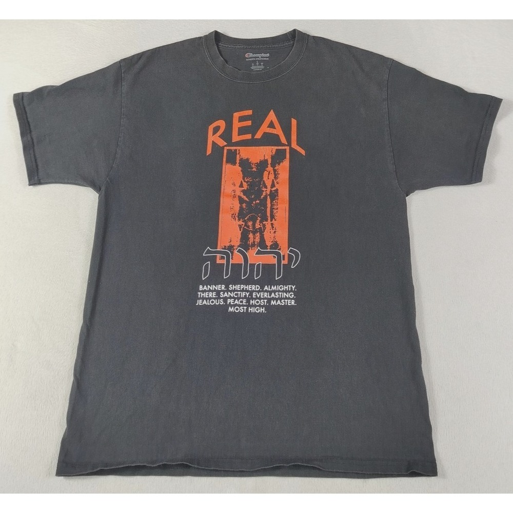 Champion Shirt Mens Large Black REAL SLAIN Religious Graphic Christian Tee - Picture 1 of 10